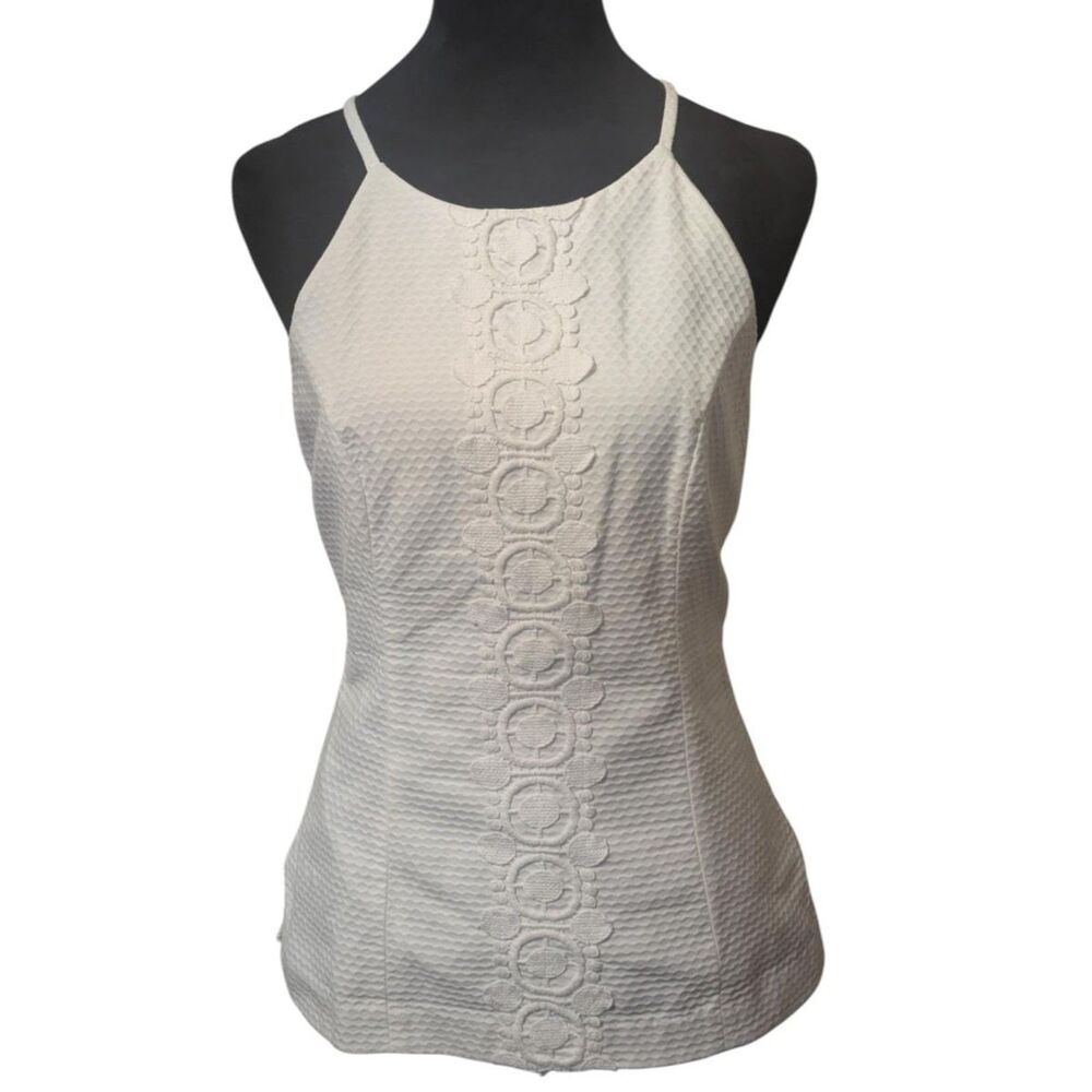 Lilly Pulitzer White Seersucker Halter Top Size 4 Circular Lace Trim Bridal